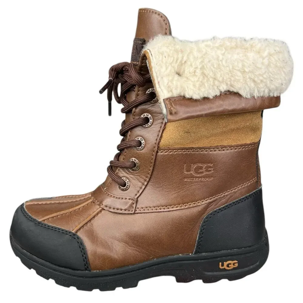 UGG Kids Butte Brown Leather Cuffed Winter Boot Size US 13